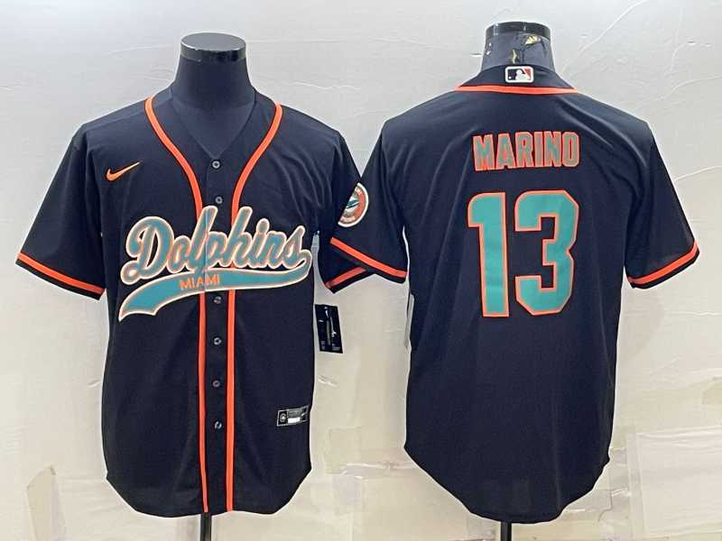 Men%27s Miami Dolphins #13 Dan Marino Black With Patch Cool Base Stitched Baseball Jersey
